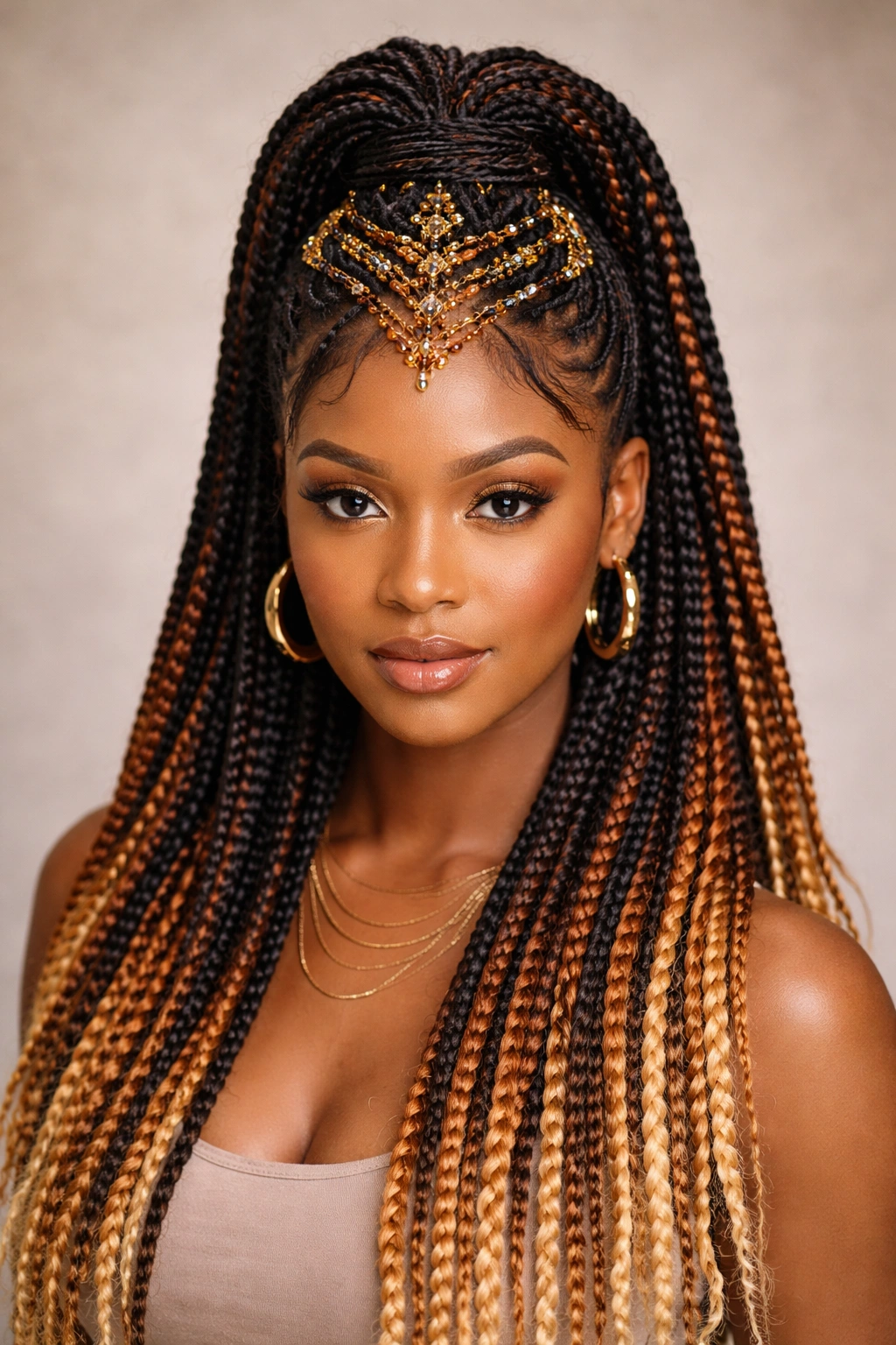 Sculptural box braids with geometric beading pattern in gradient colors