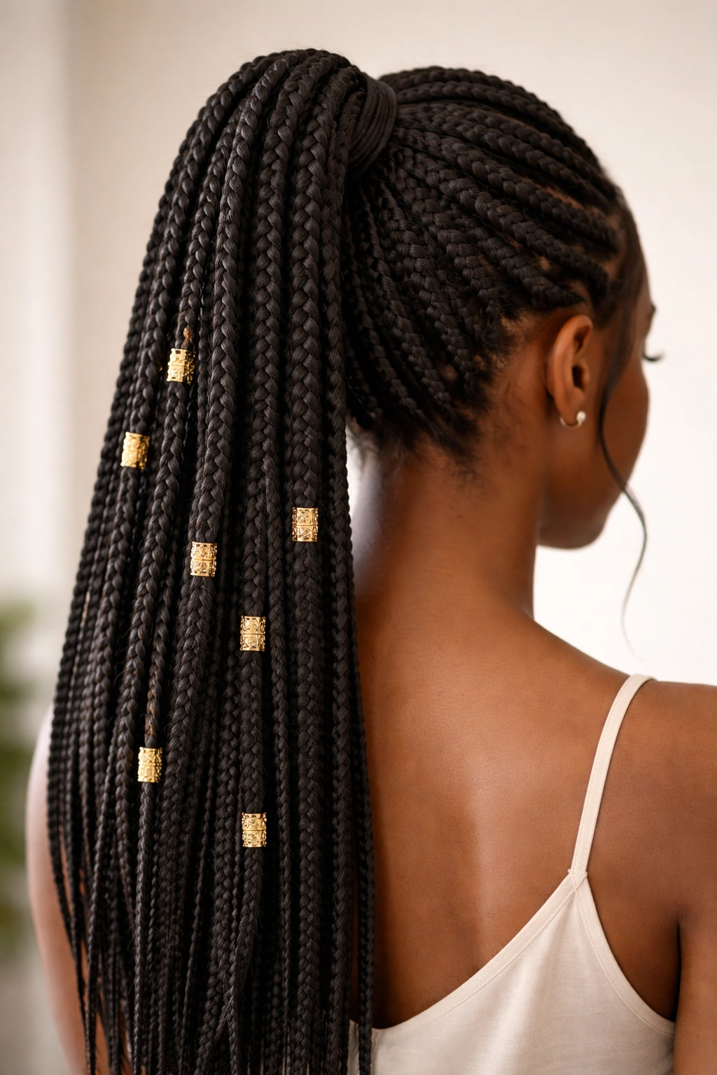 Close-up of classic box braids in a high ponytail with gold beads