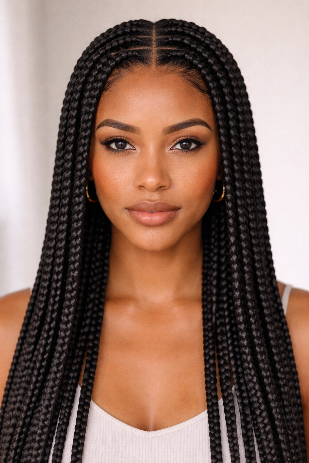 Close-up of a head with a center-parted, symmetrical box braid pattern