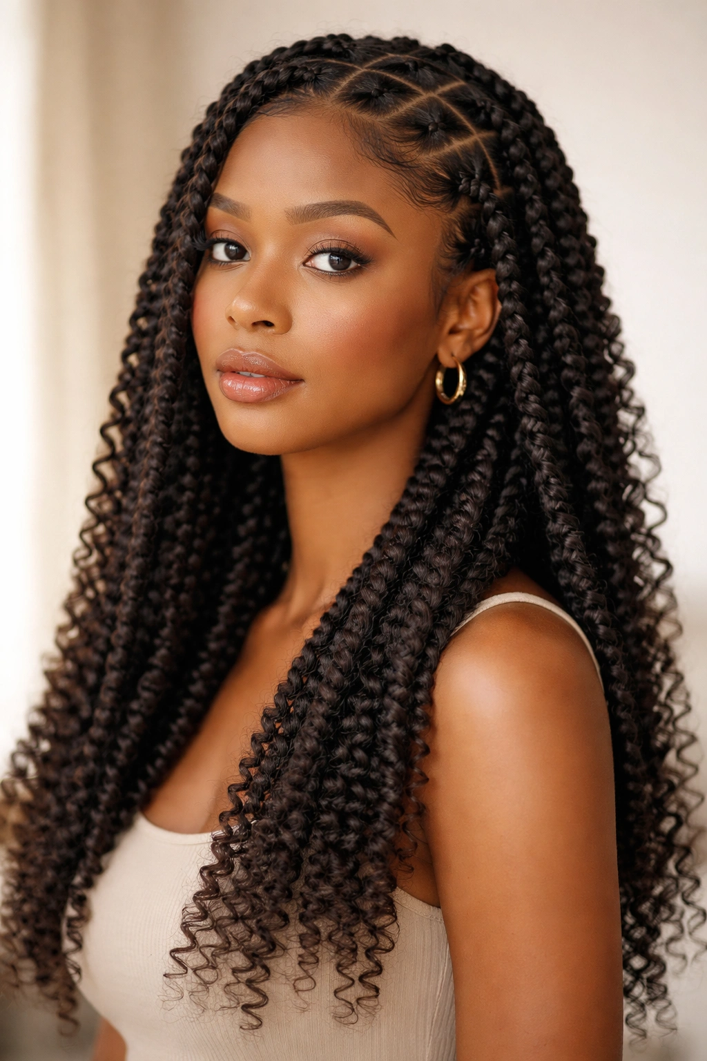 Head-and-shoulders view of box braids with coily hair