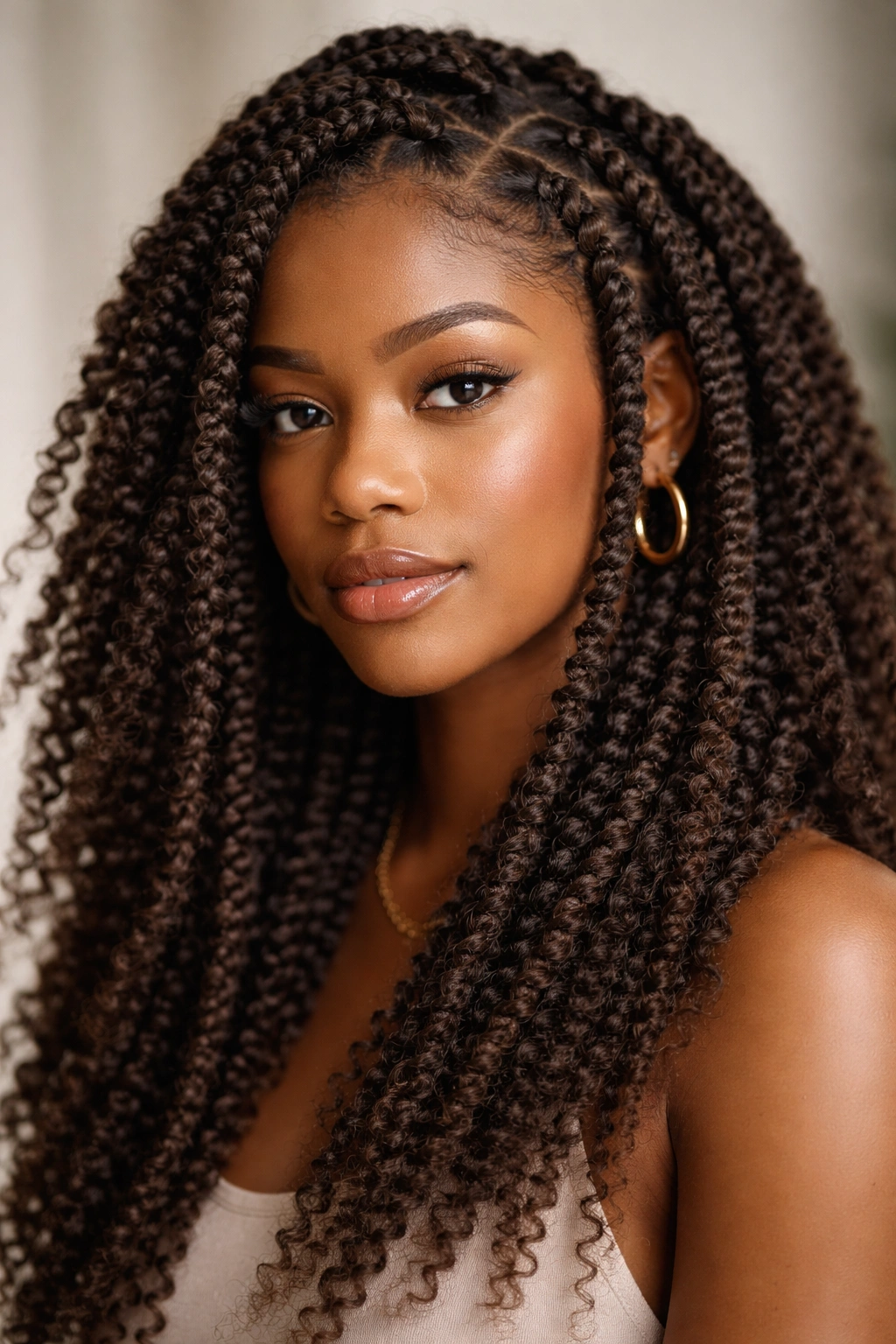 Close-up of box braids with coily texture on a model's head