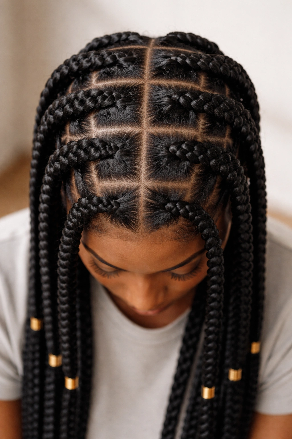 Top-down view of chunky grid box braids styled as cornrows