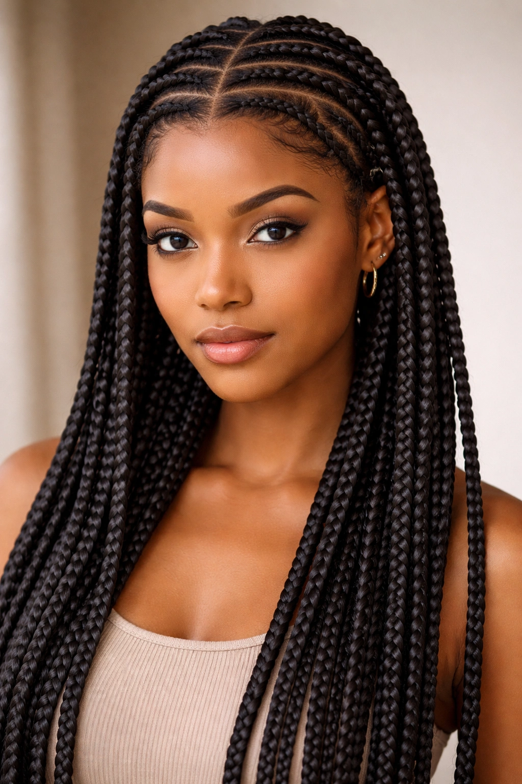 Box braids styled to imitate cornrows with root connections