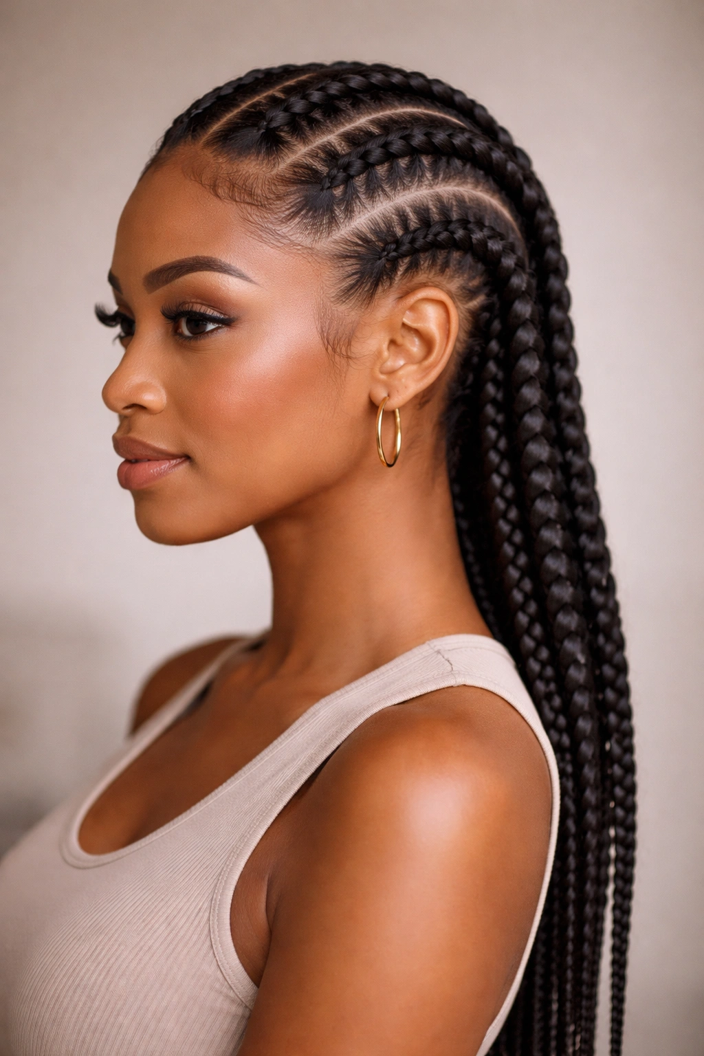 Front box braids transitioning into back cornrows on the head