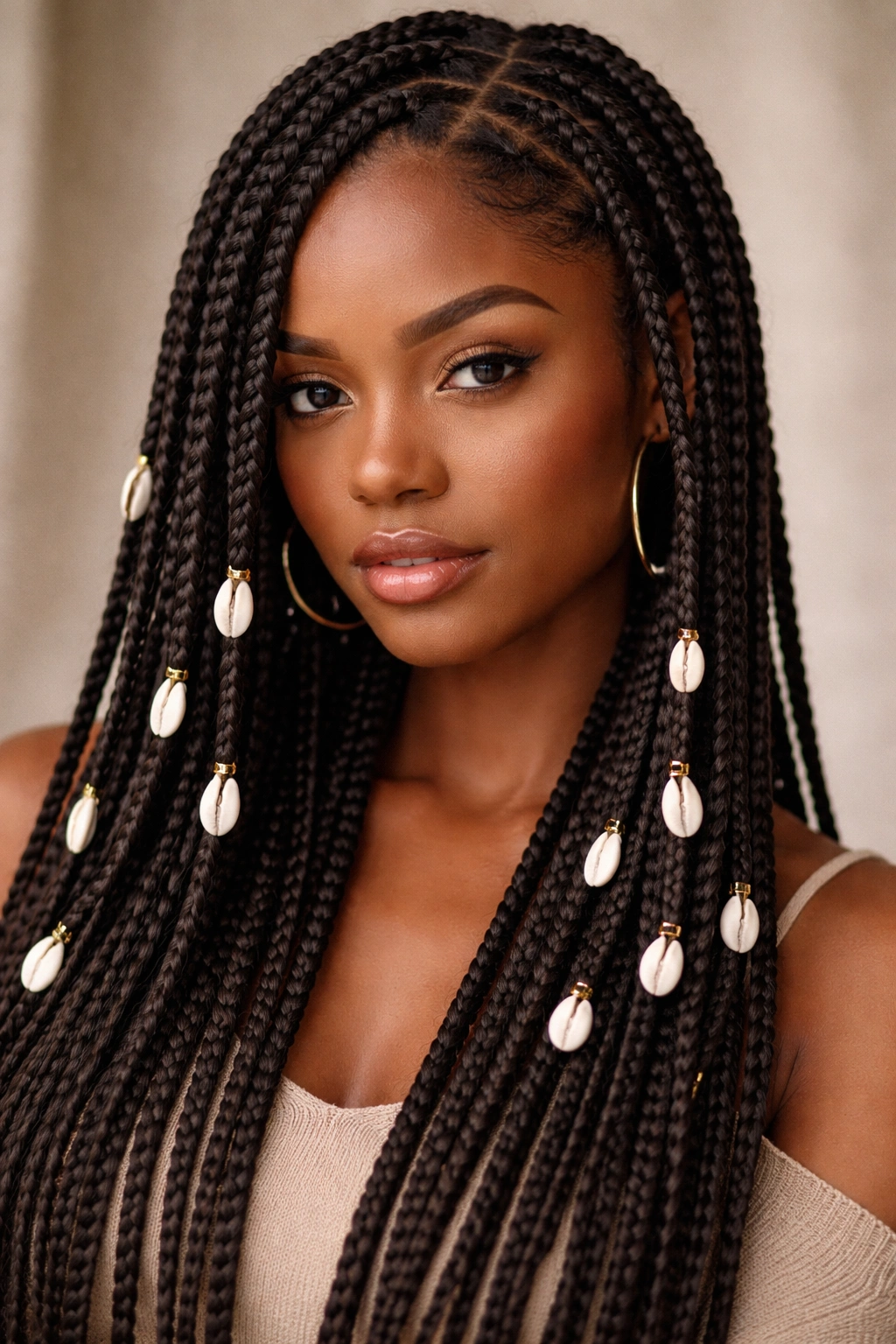 Close-up of box braids with cowrie shells threaded through for Yoruba-inspired style