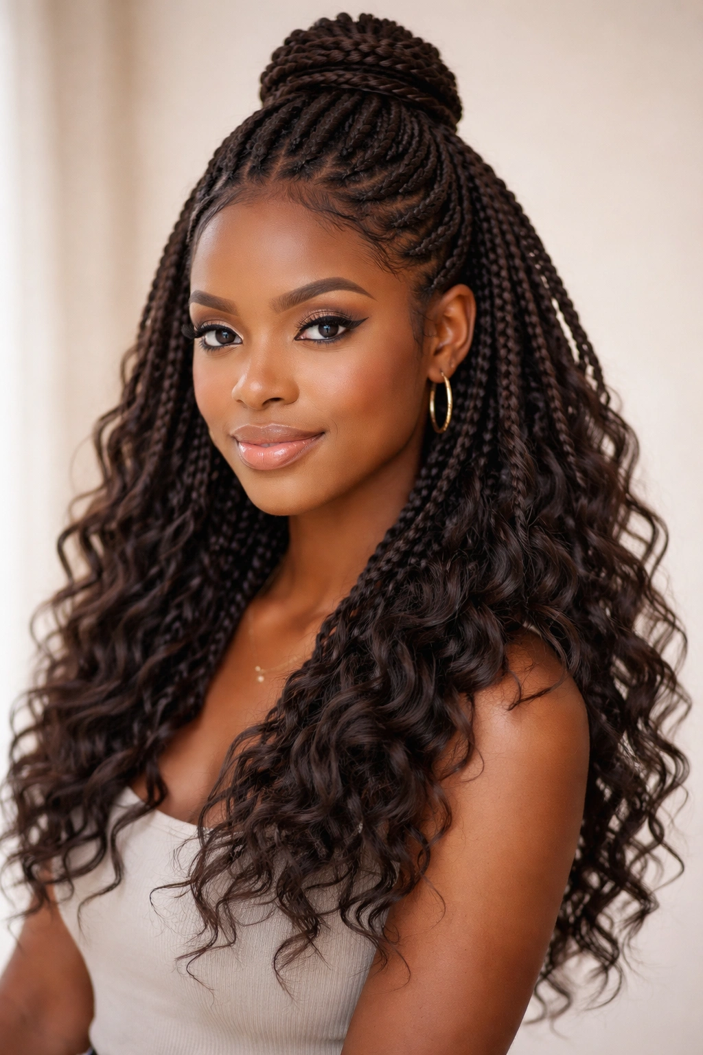 Close-up of crochet box braids crown with layered crochet waves in a half-up hairstyle.