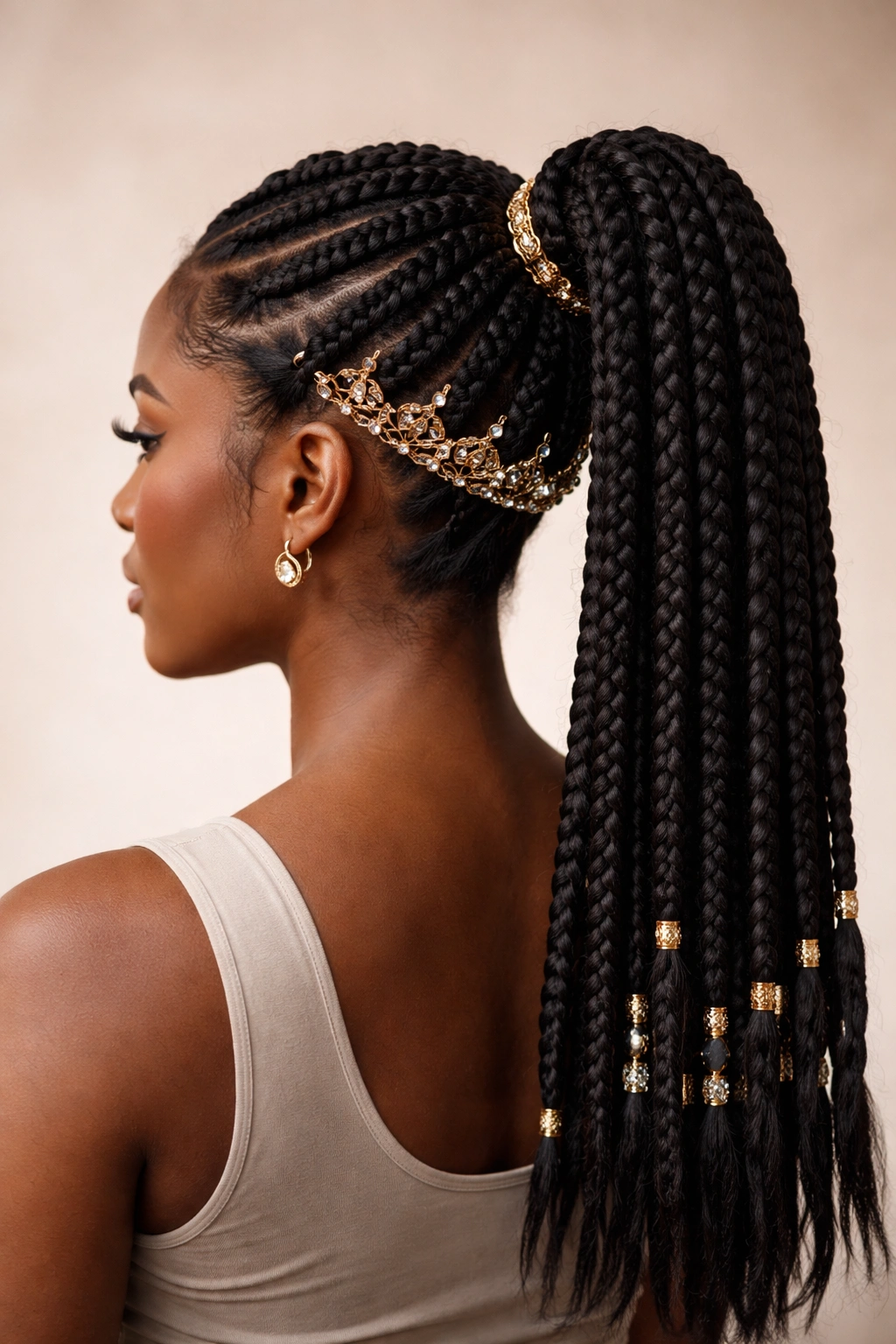 Chunky box braids ponytail with crown detail and beads