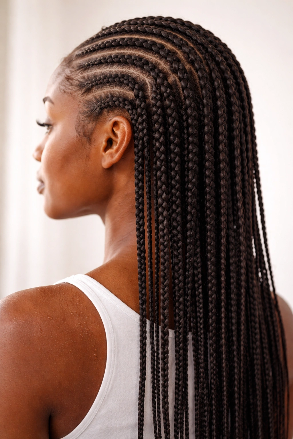 Back view of damp hair in uniform box braids