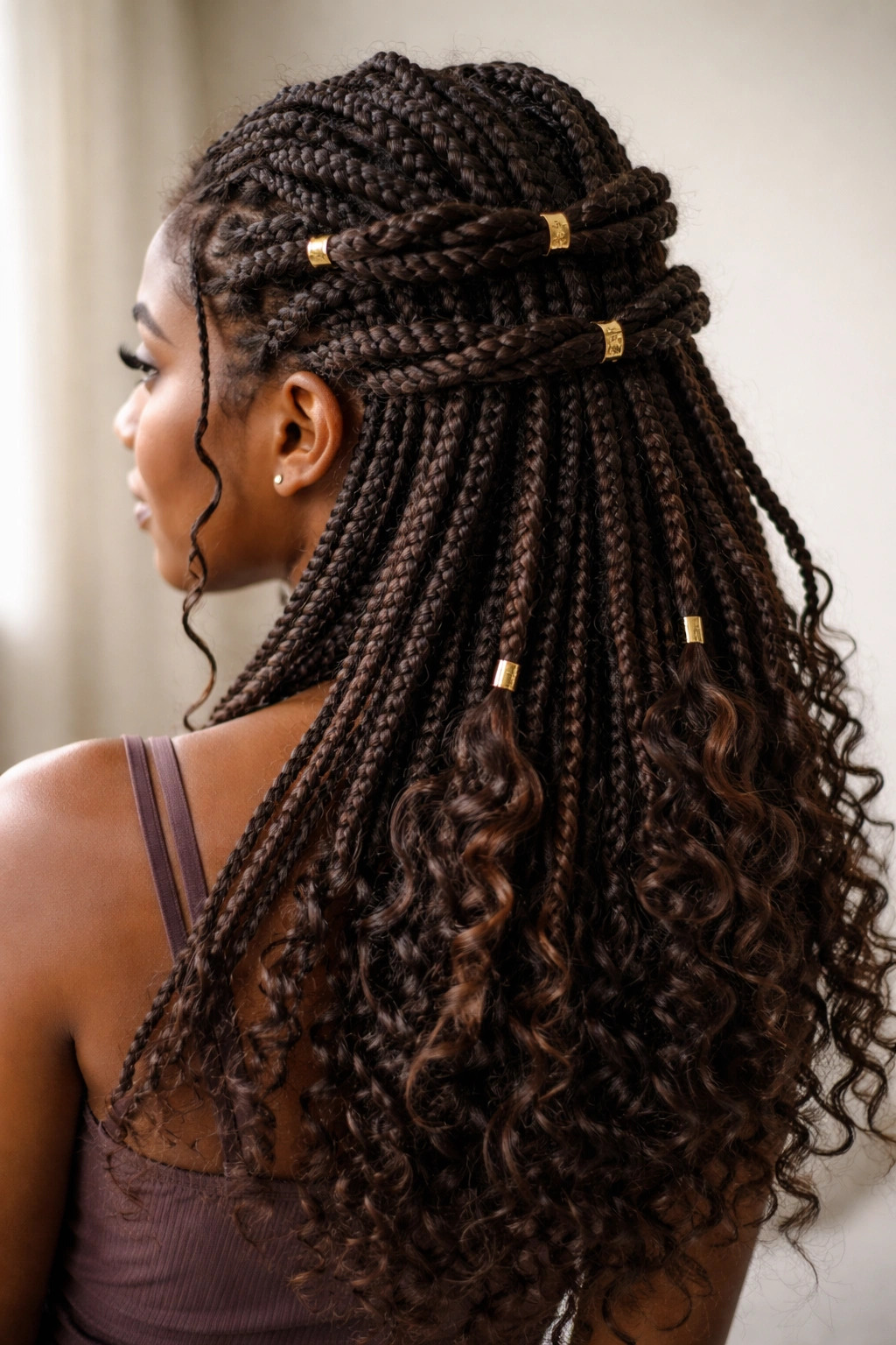 Double twisted half-up box braids with two stacked sections