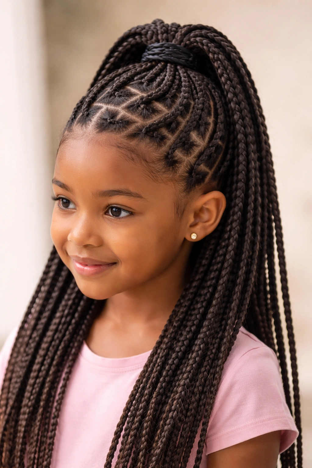 Geometric box braids forming a half-up crown on a child's head