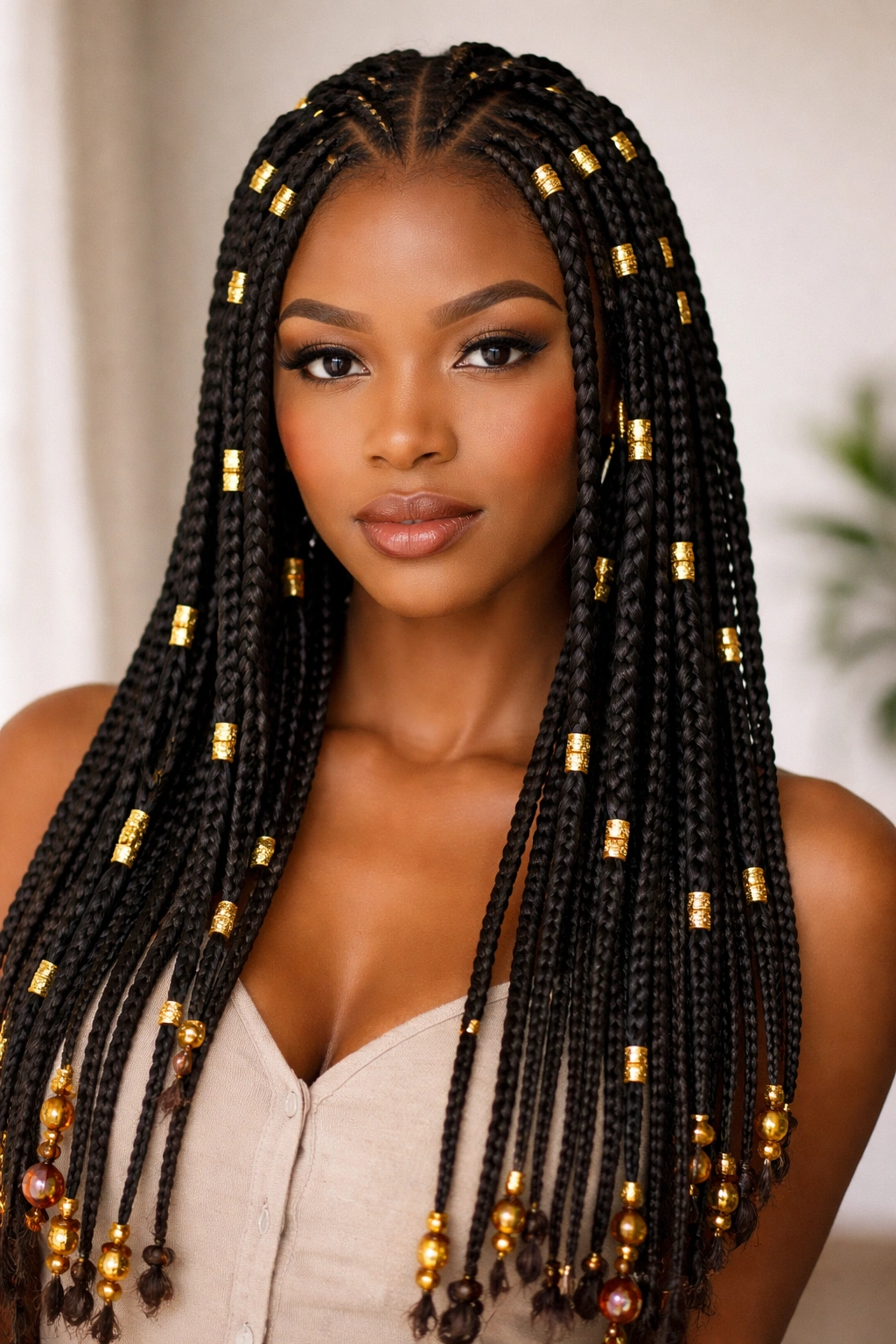Box braids with gold cuffs on a head in a studio portrait