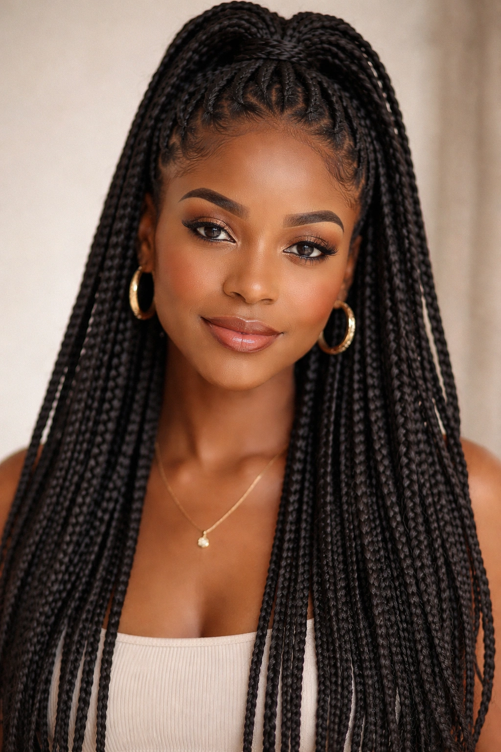 Close-up of box braids gathered at the crown into a half-up hairstyle on a Black woman.