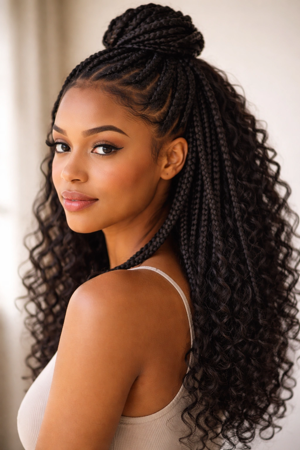 Head profile highlighting a box braid half up half down hairstyle