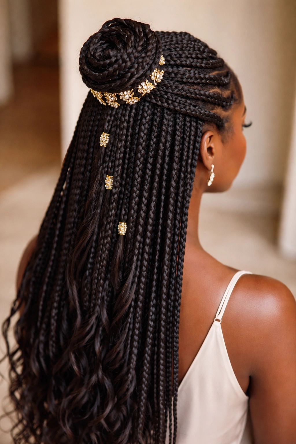 Formal braided half-up hairstyle with box braids secured by decorative accessories.