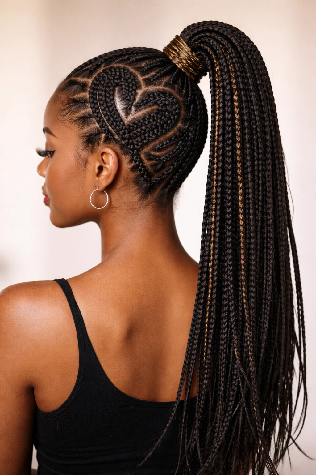 Box braids forming a heart shape at crown into ponytail