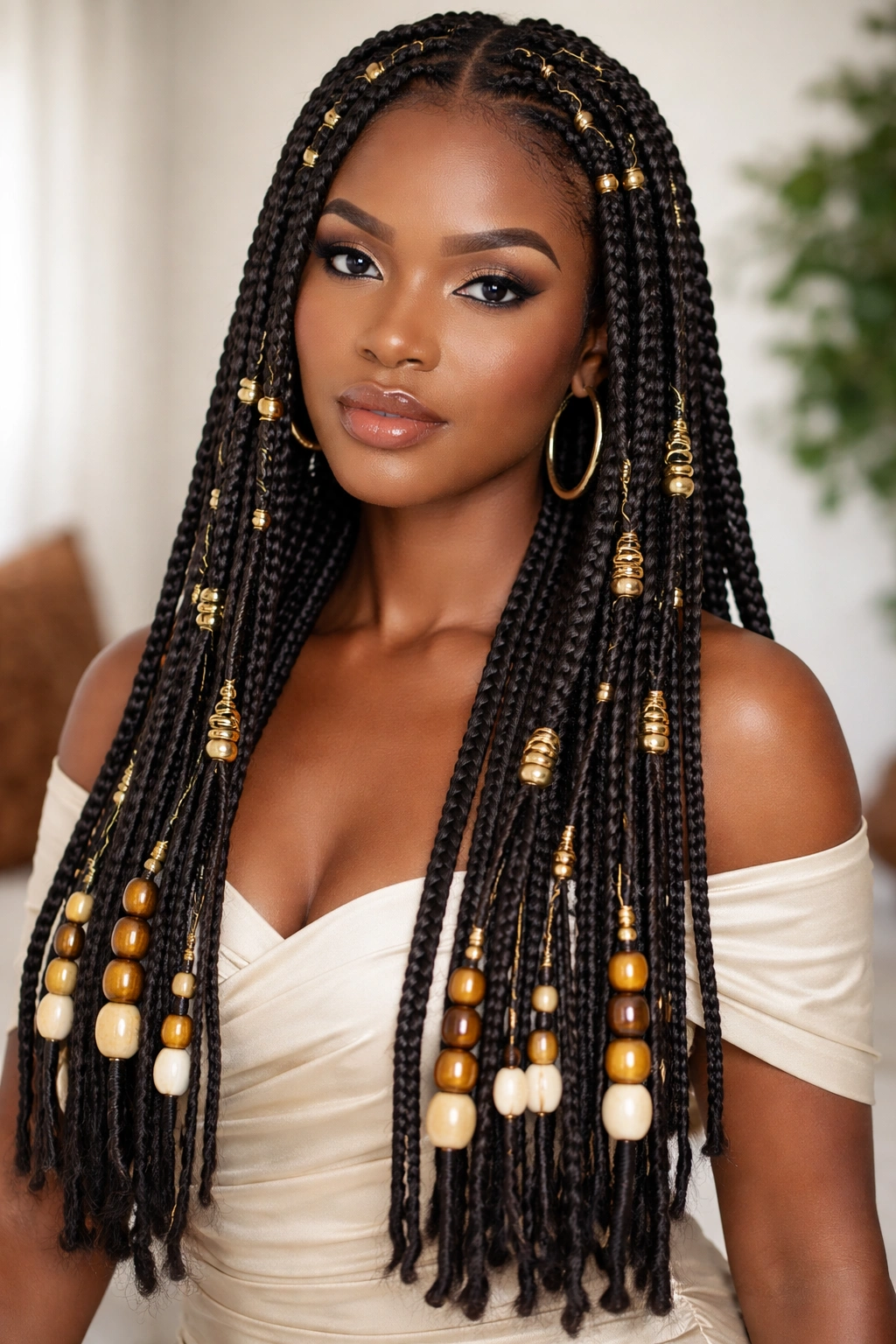 Box braids with kilo beads and gold accents along each square section