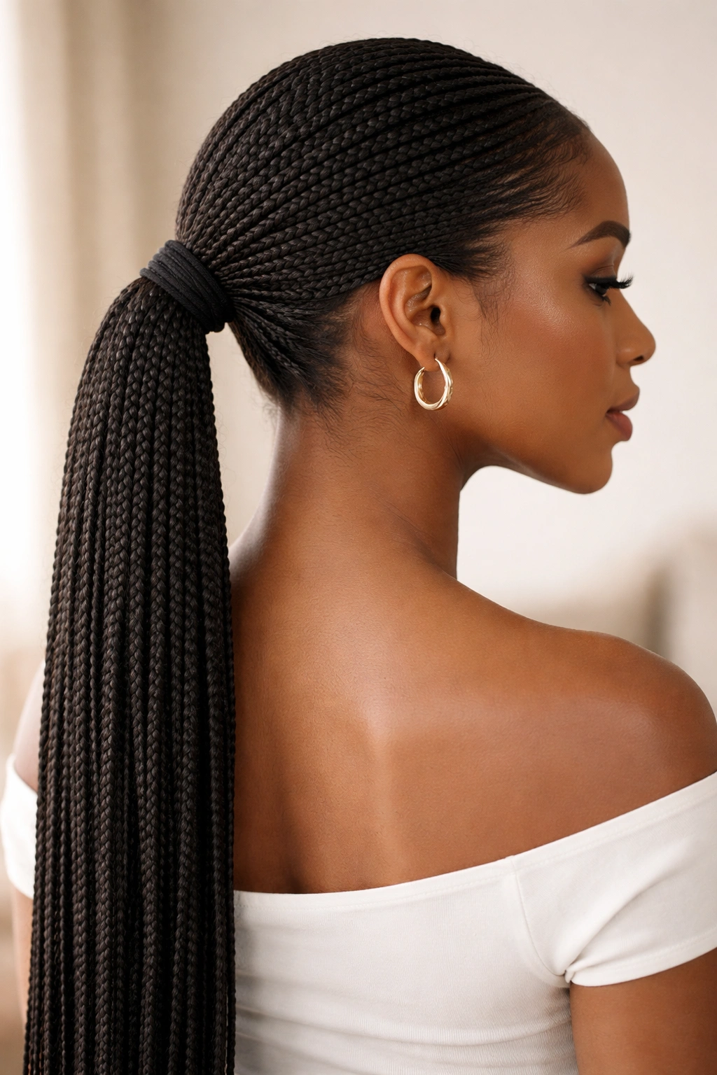 Low sleek box braid ponytail at nape, back view