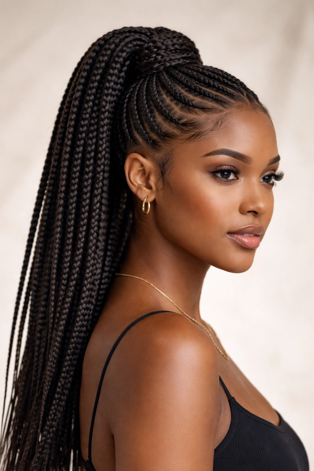 Close-up of box braids in a high ponytail highlighting texture and volume