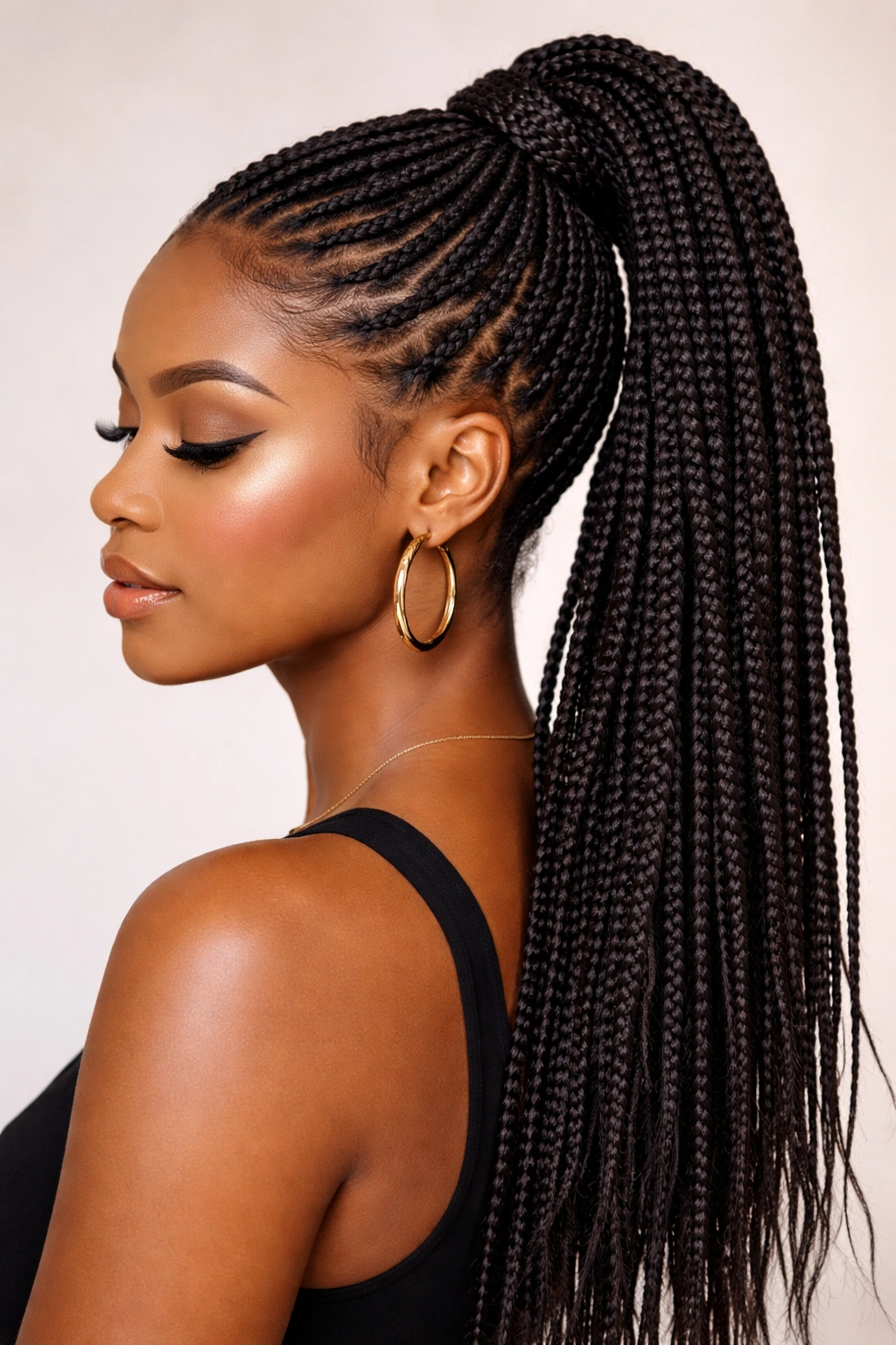 Close-up of box braids pulled into a sleek high ponytail with uniform thickness