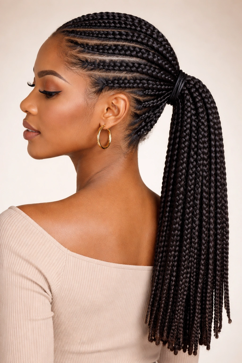 Low ponytail of box braids neatly gathered at the nape with uniform braids