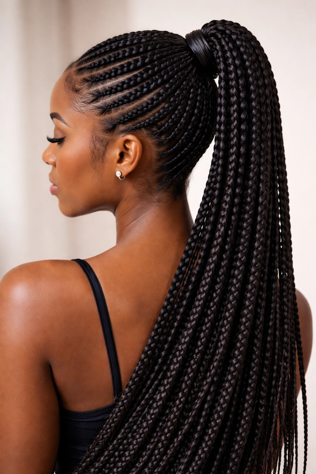 Box Braid Ponytail: long, textured box braids pulled into a sleek high ponytail