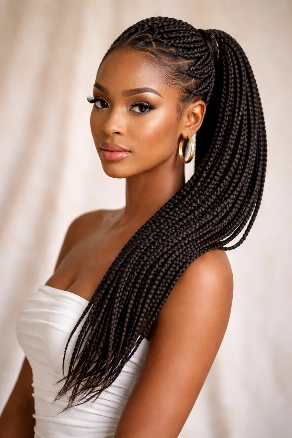 Side-swept box braid ponytail cascading over shoulder