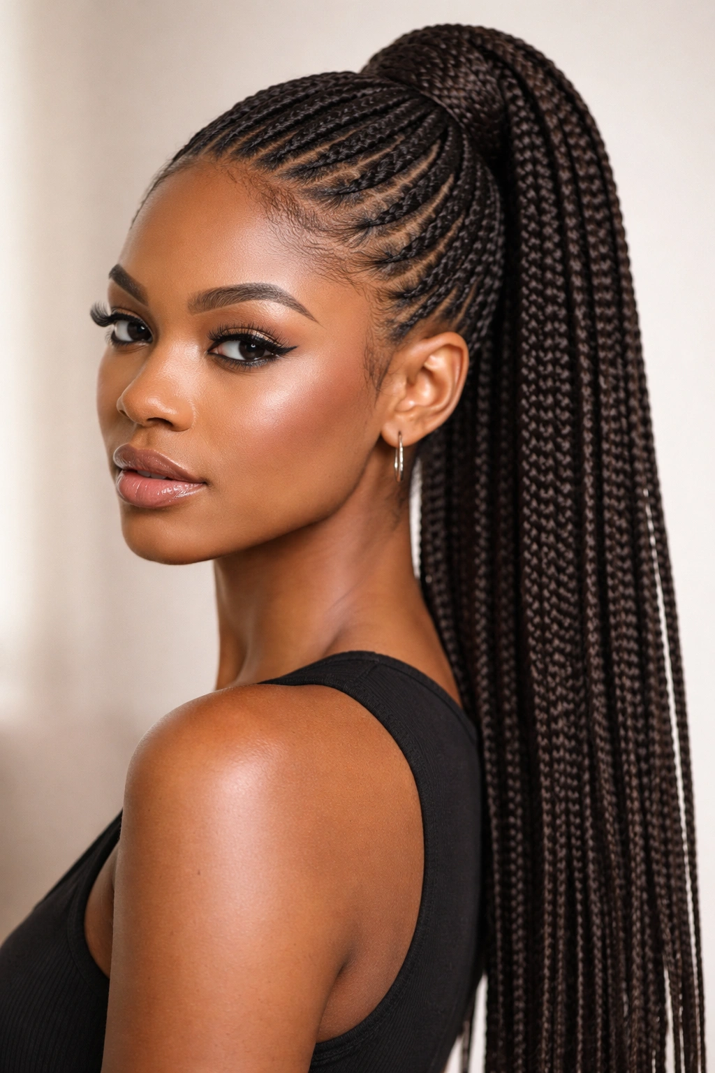 Box braids in a sleek ponytail with even square sections