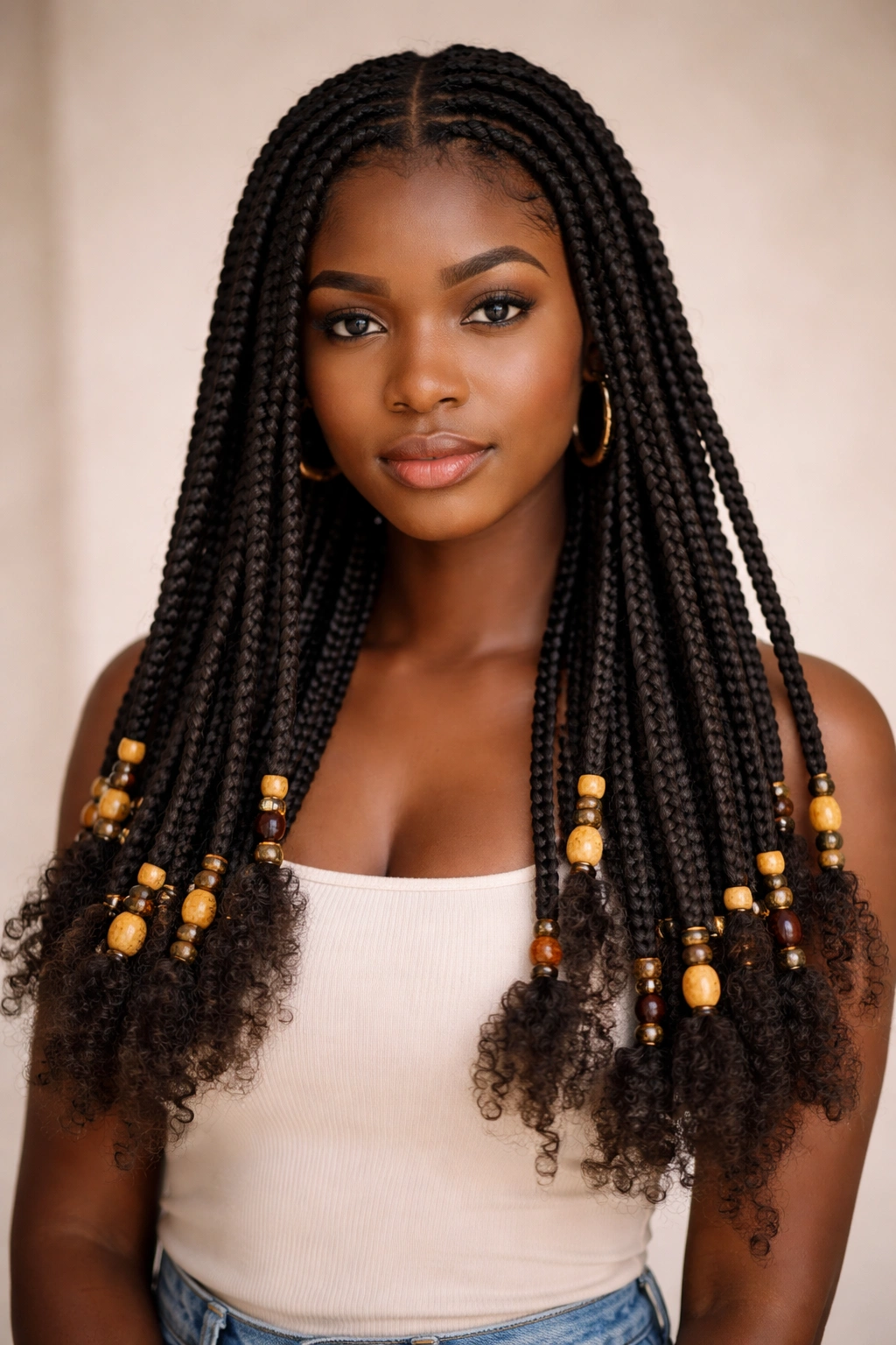 Close-up of box braids with textured ends and beading on 4C hair