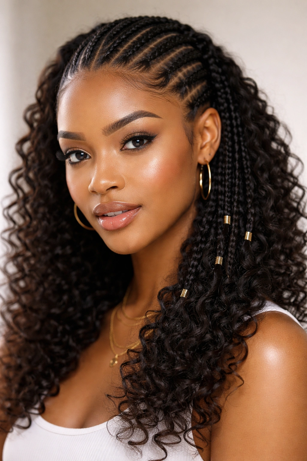 Close-up of half cornrows transitioning into mini box braids with curly ends
