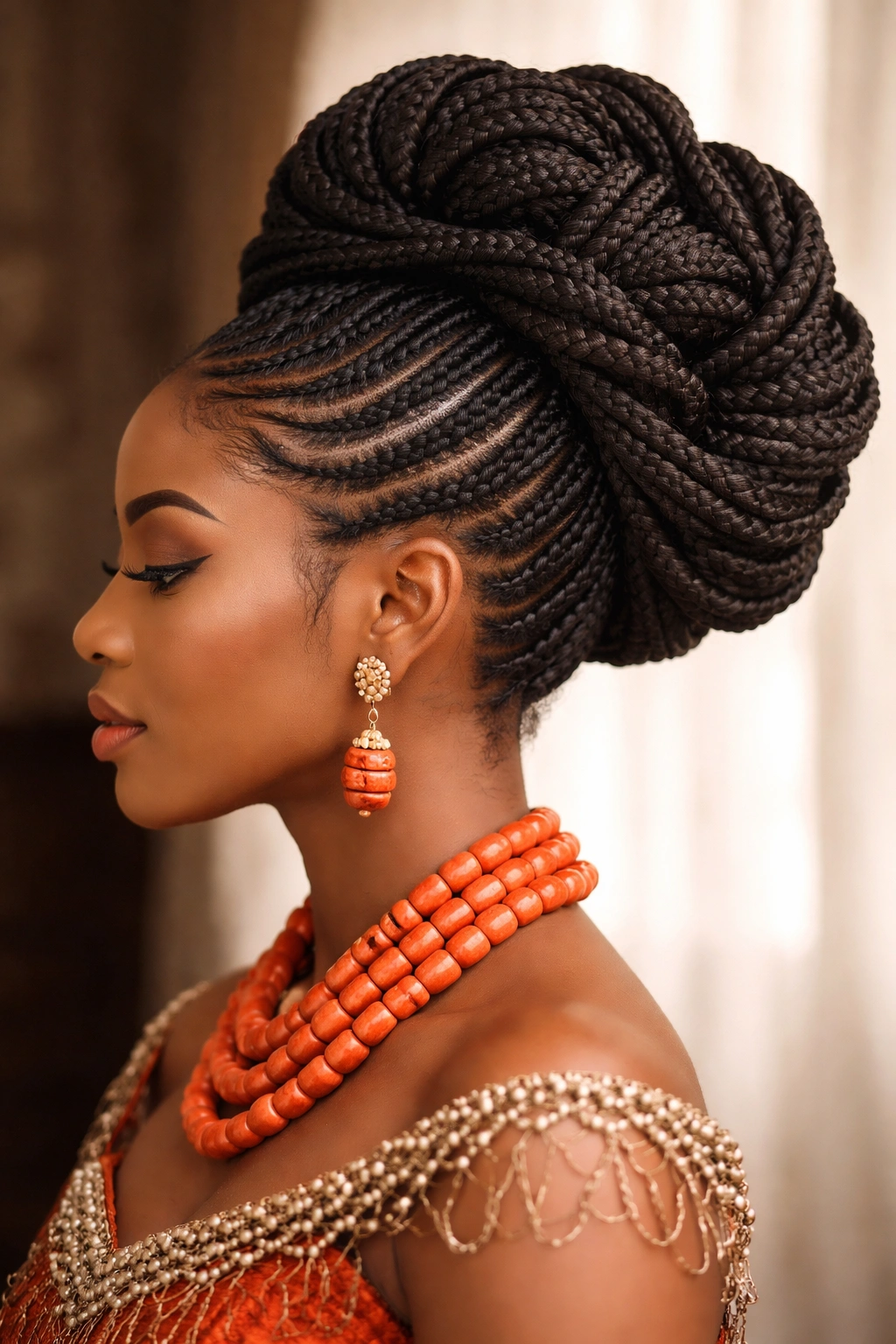 Elaborate box braid updo with sculptural crown.