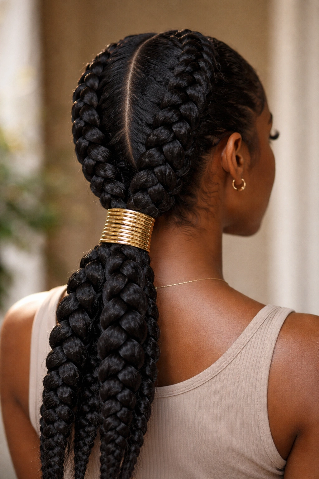Thick box braids with metallic wrap around ponytail