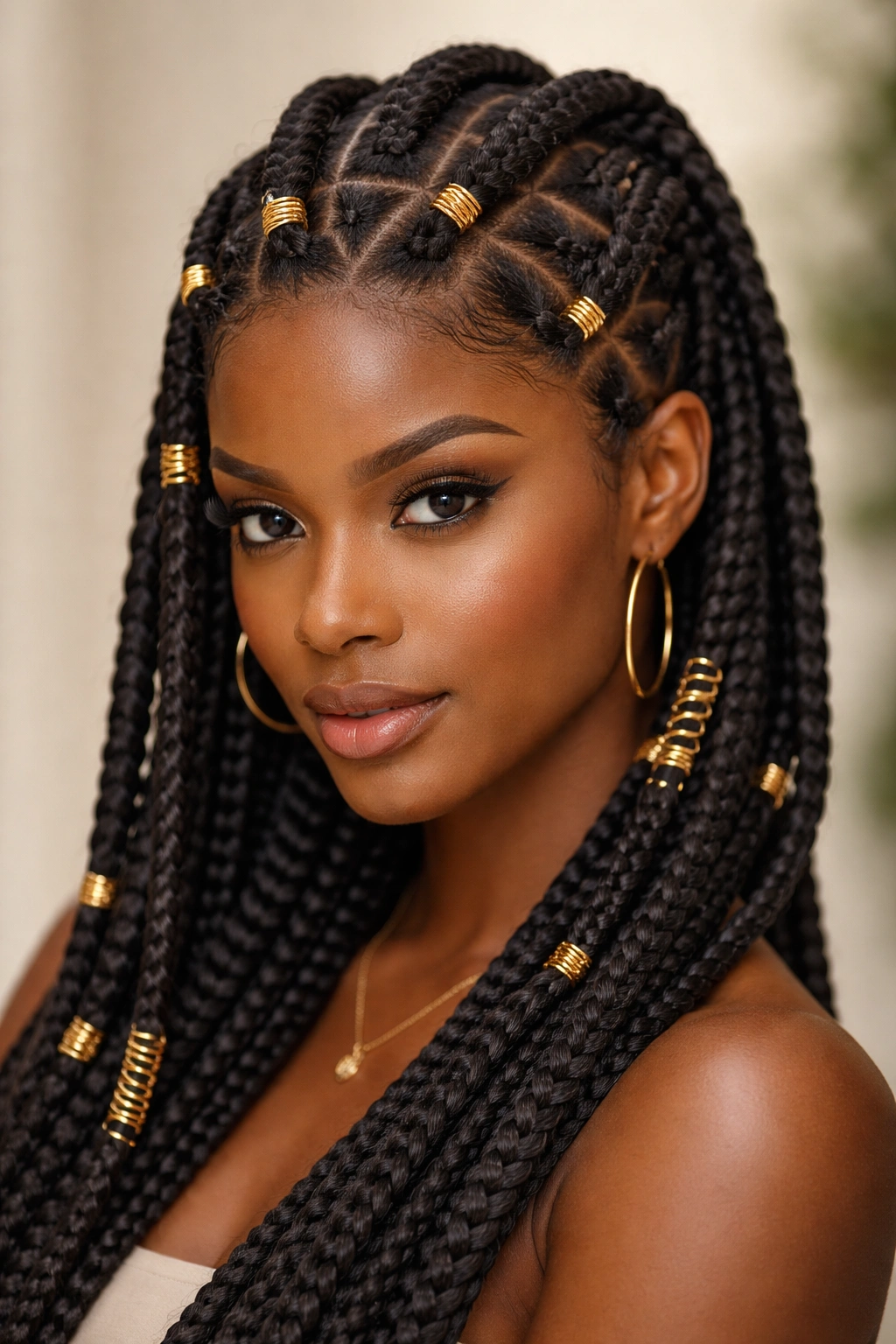 Geometric Yoruba-inspired box braids with gold accents