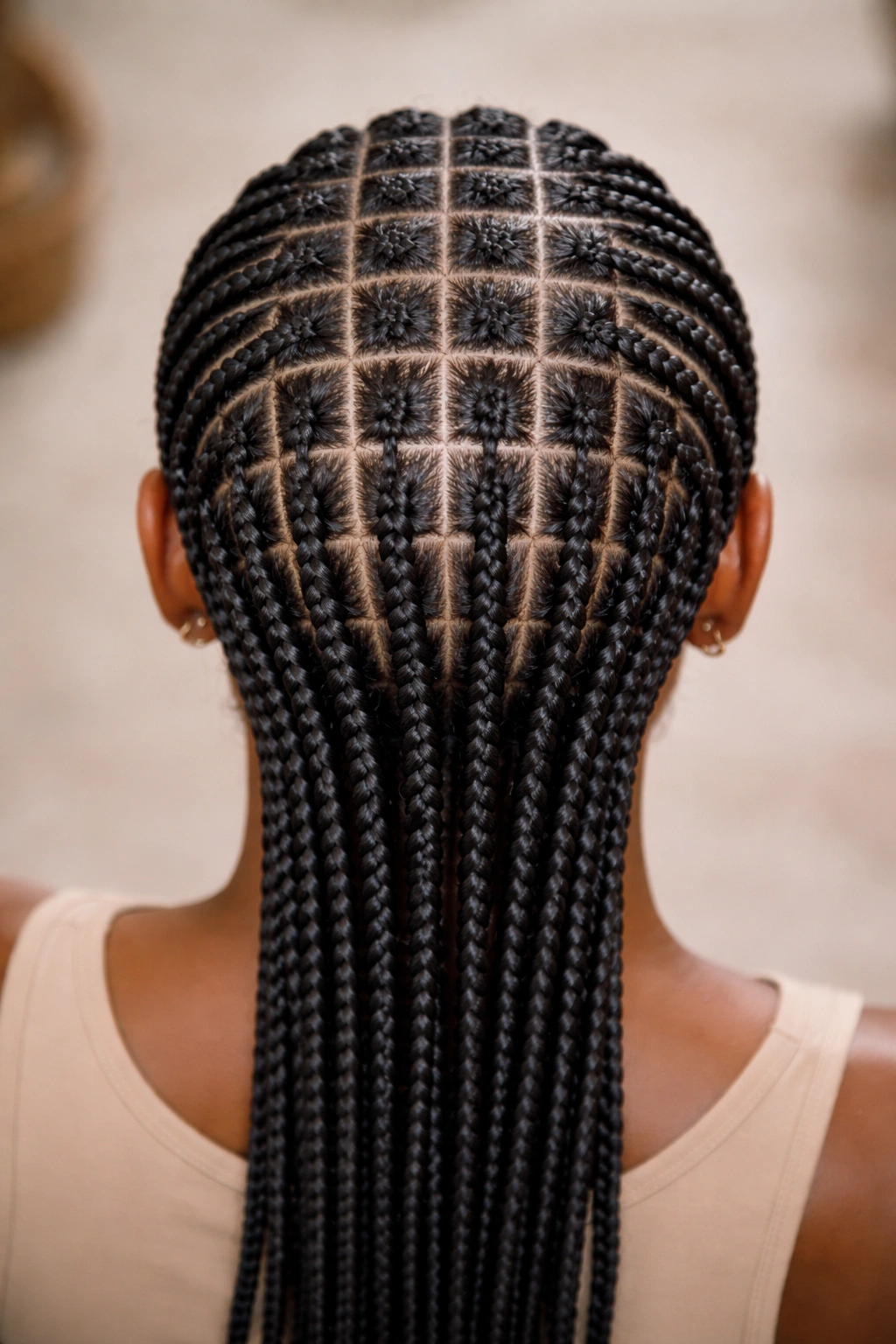 Top-down view of box cornrows forming a small grid pattern across the scalp