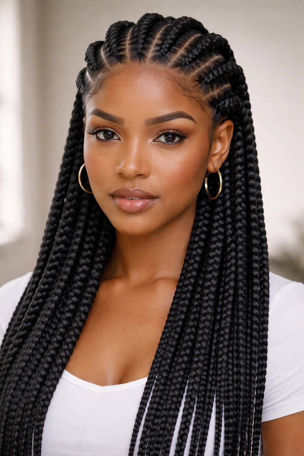 Large box-pattern Ghana braids in a straight-back grid