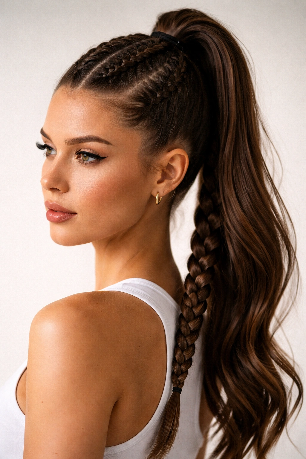 Two Dutch boxer braids converging into a high ponytail