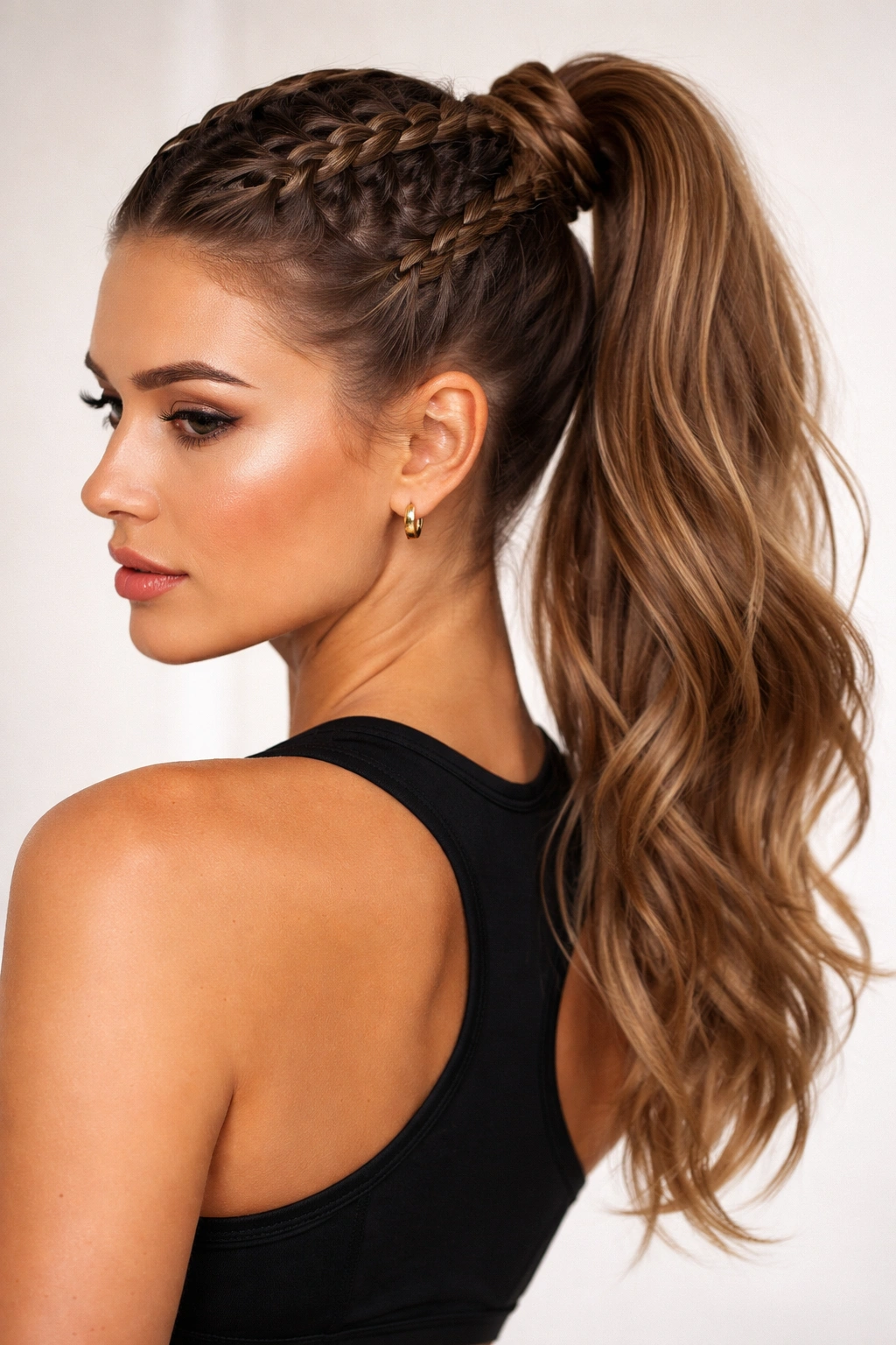 Three-quarter view of two thick boxer braids into a high ponytail