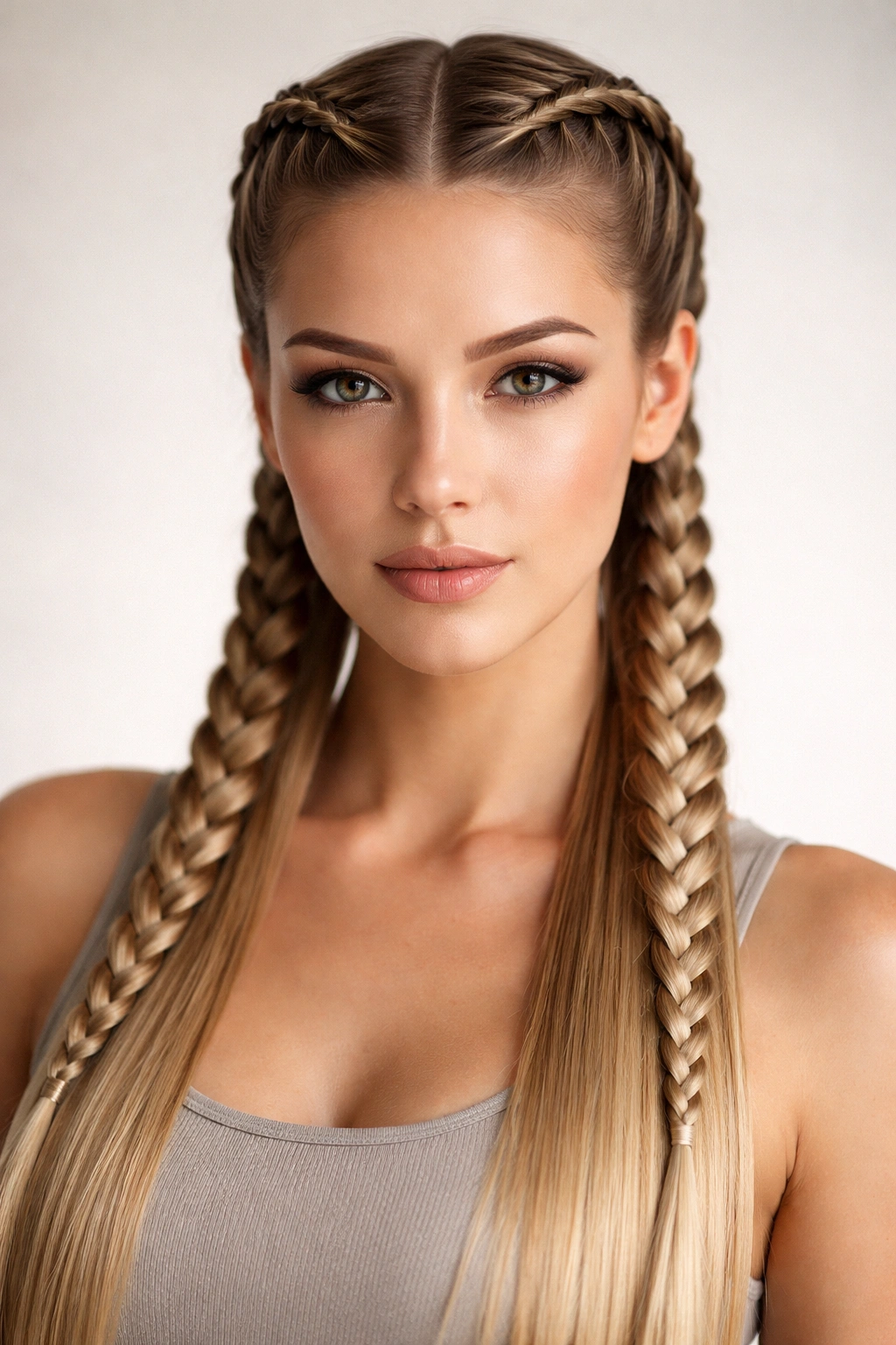Boxer braids on straight hair with two parallel Dutch braids