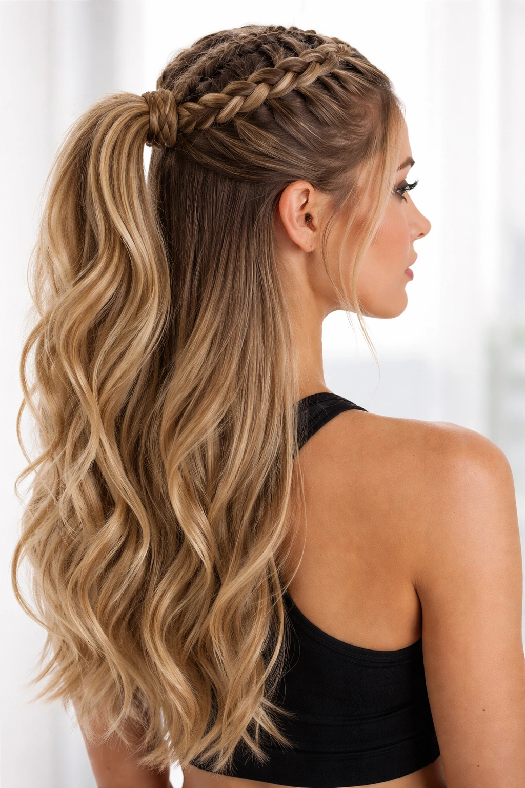 Close-up of Boxer Braids Half Up with Two Dutch Braids, showing symmetrical braids and a half-up ponytail.