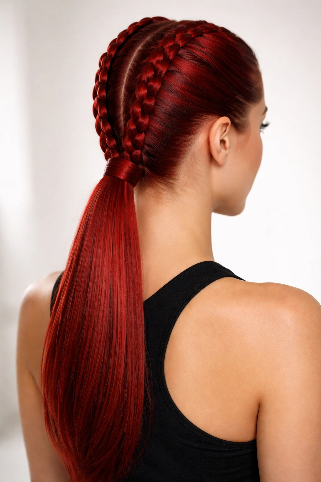 Rear three-quarter view of boxer braids leading to a sleek red ponytail