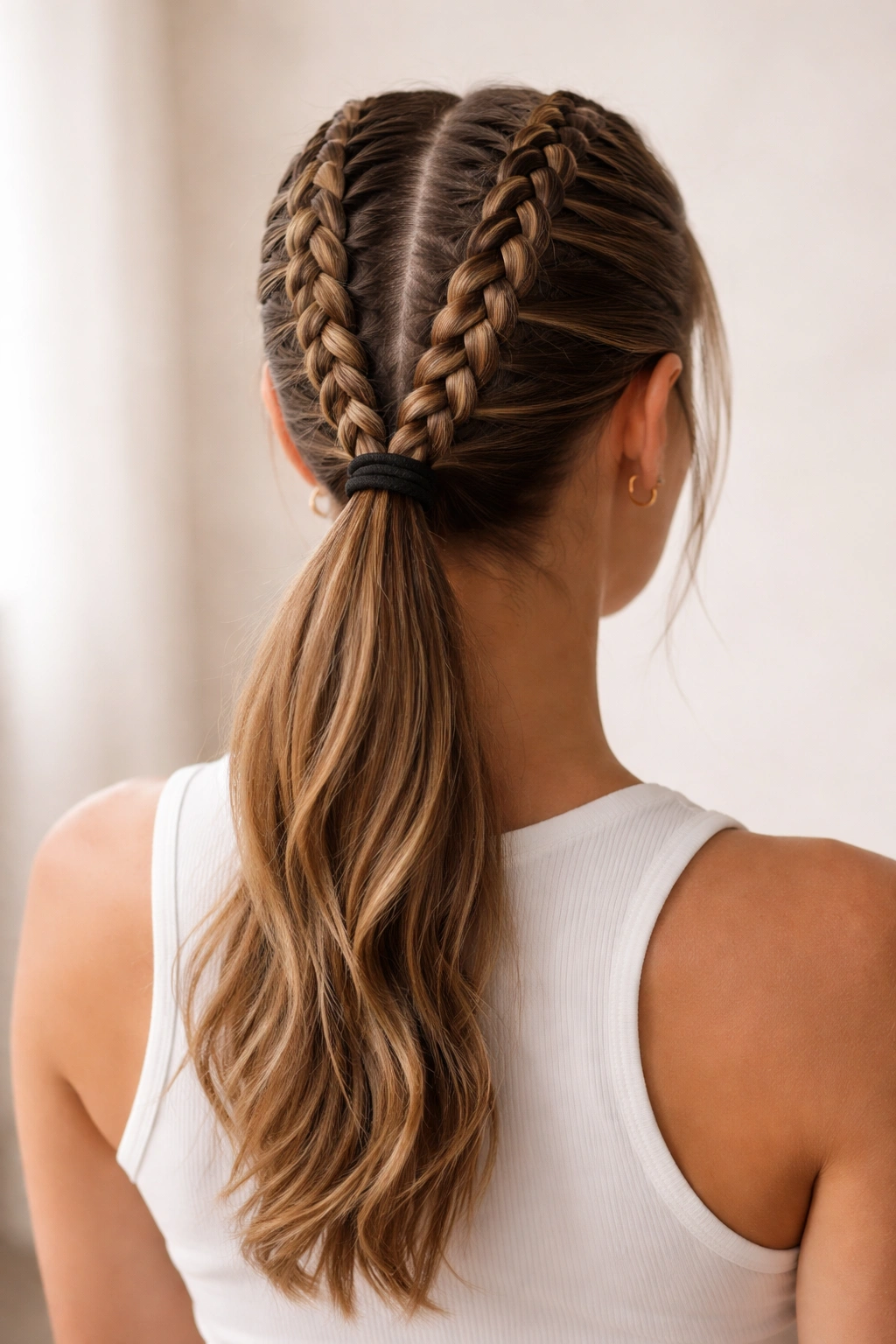 Two Dutch boxer braids converging into a ponytail at the nape