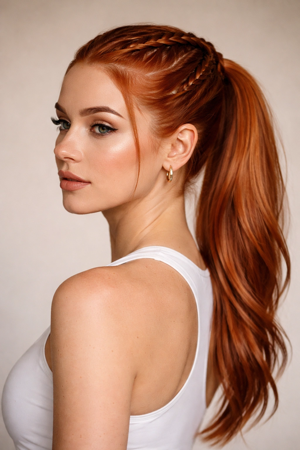 Close-up portrait of a ginger-haired person with boxer braids feeding into a sleek low ponytail