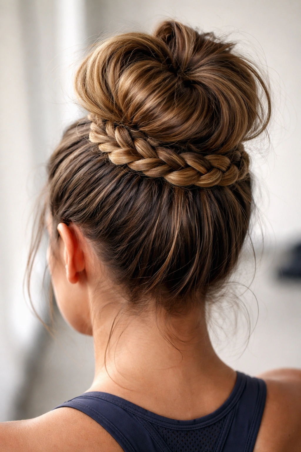 Close-up of a high bun wrapped with a braided band for workout stability