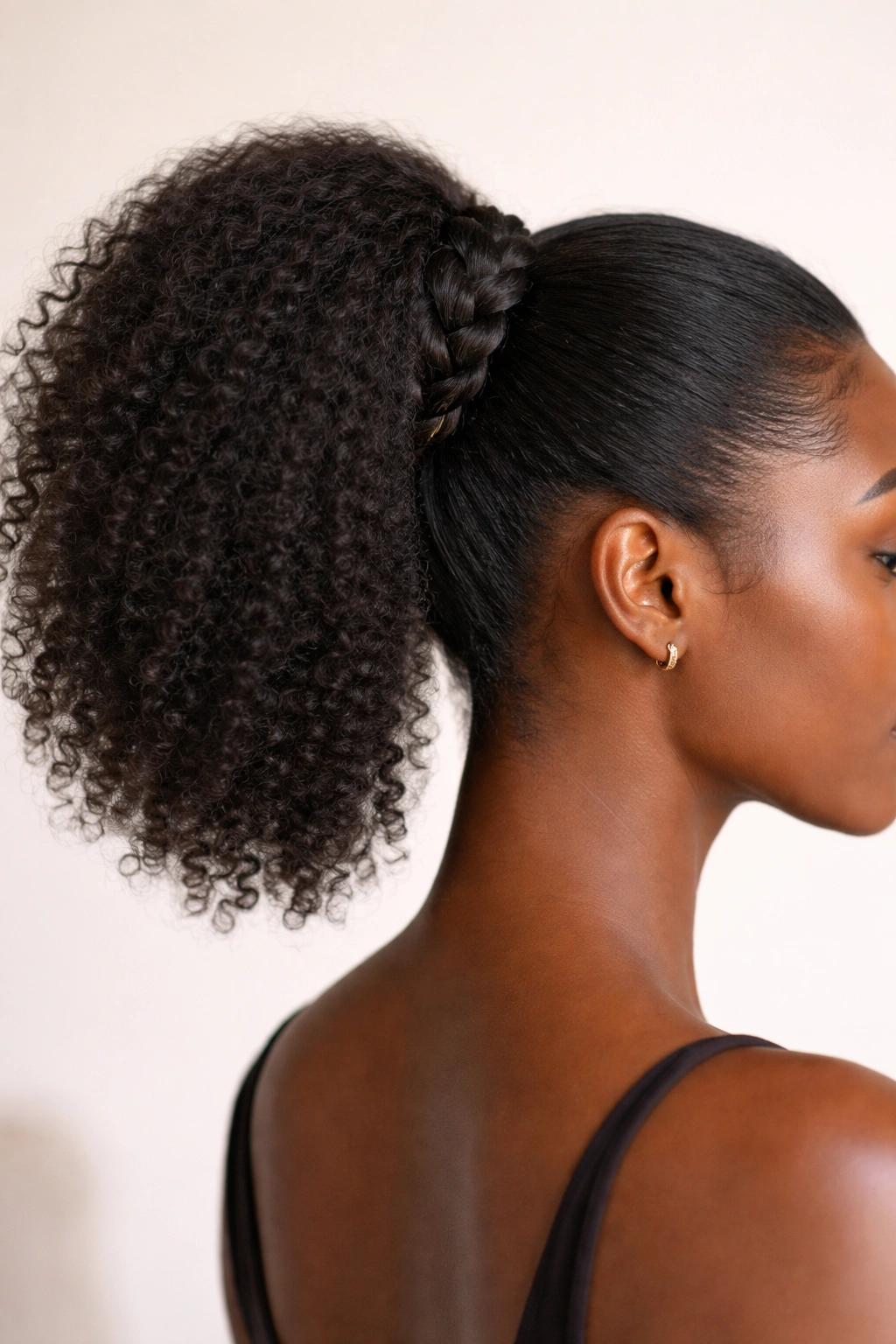 Close-up of a ponytail with a braided base wrapped around the elastic