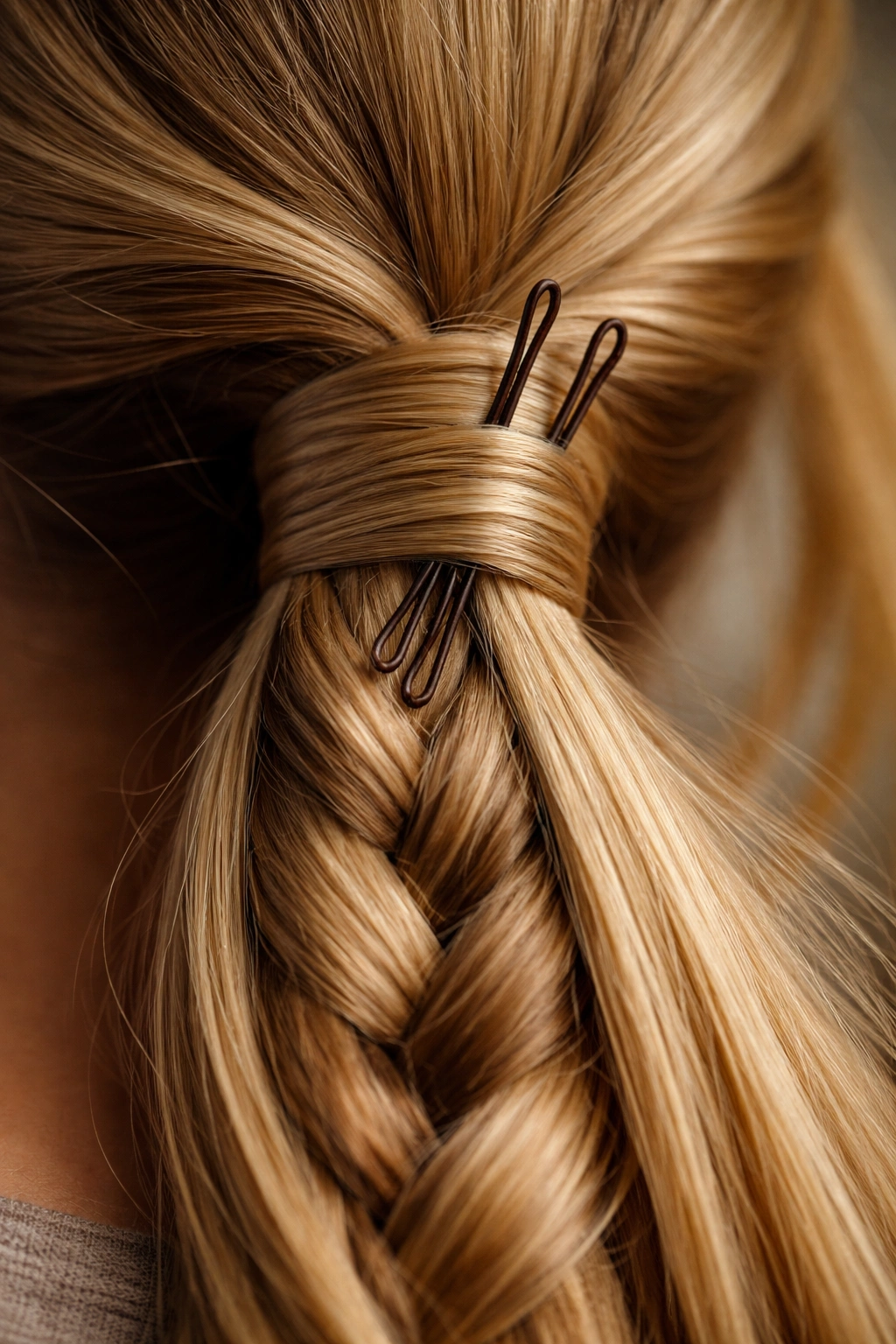 Macro close-up of secure braid base with wrapped elastic and pins