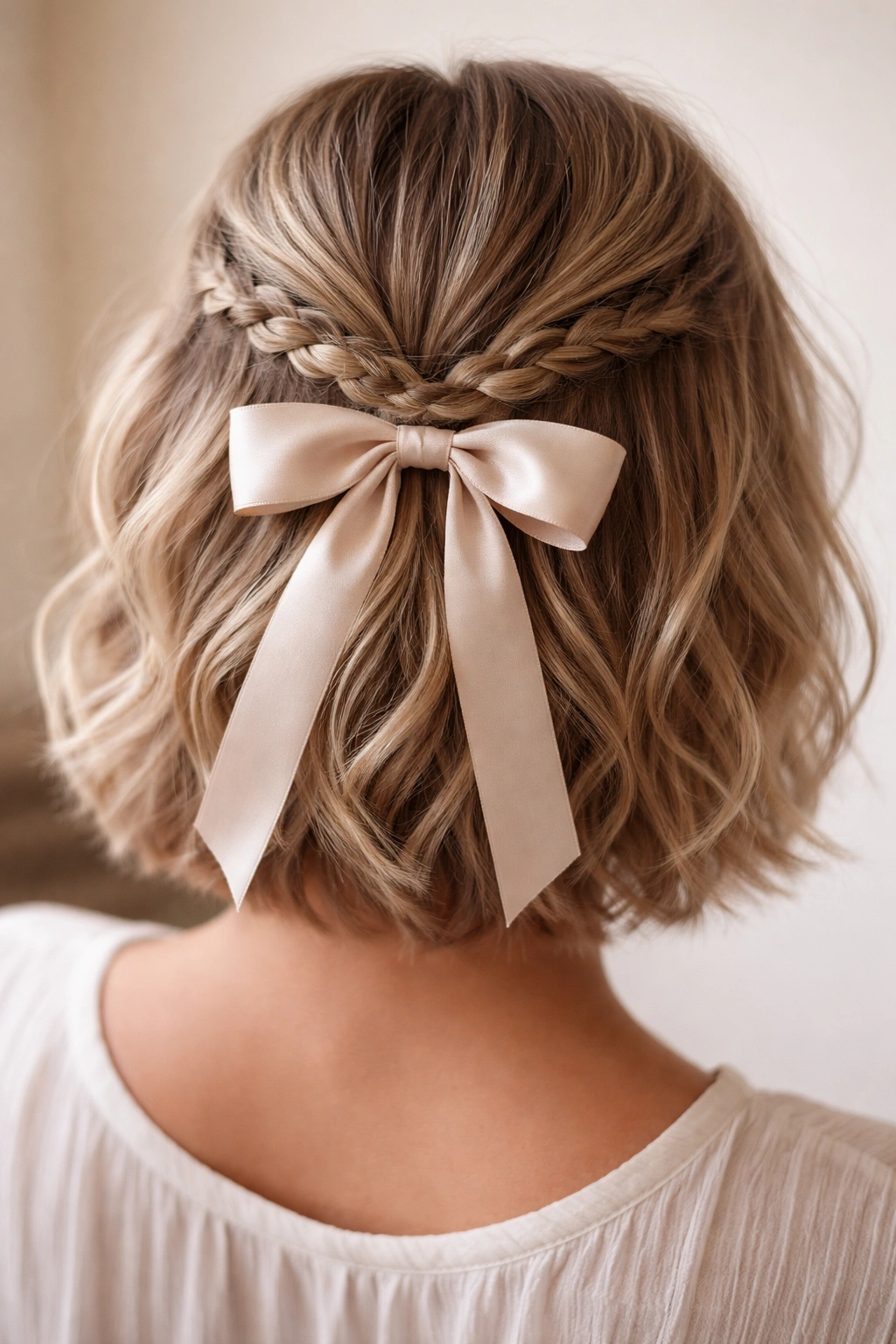 Close-up of a short hairstyle with a braided section and satin ribbon bow at the back