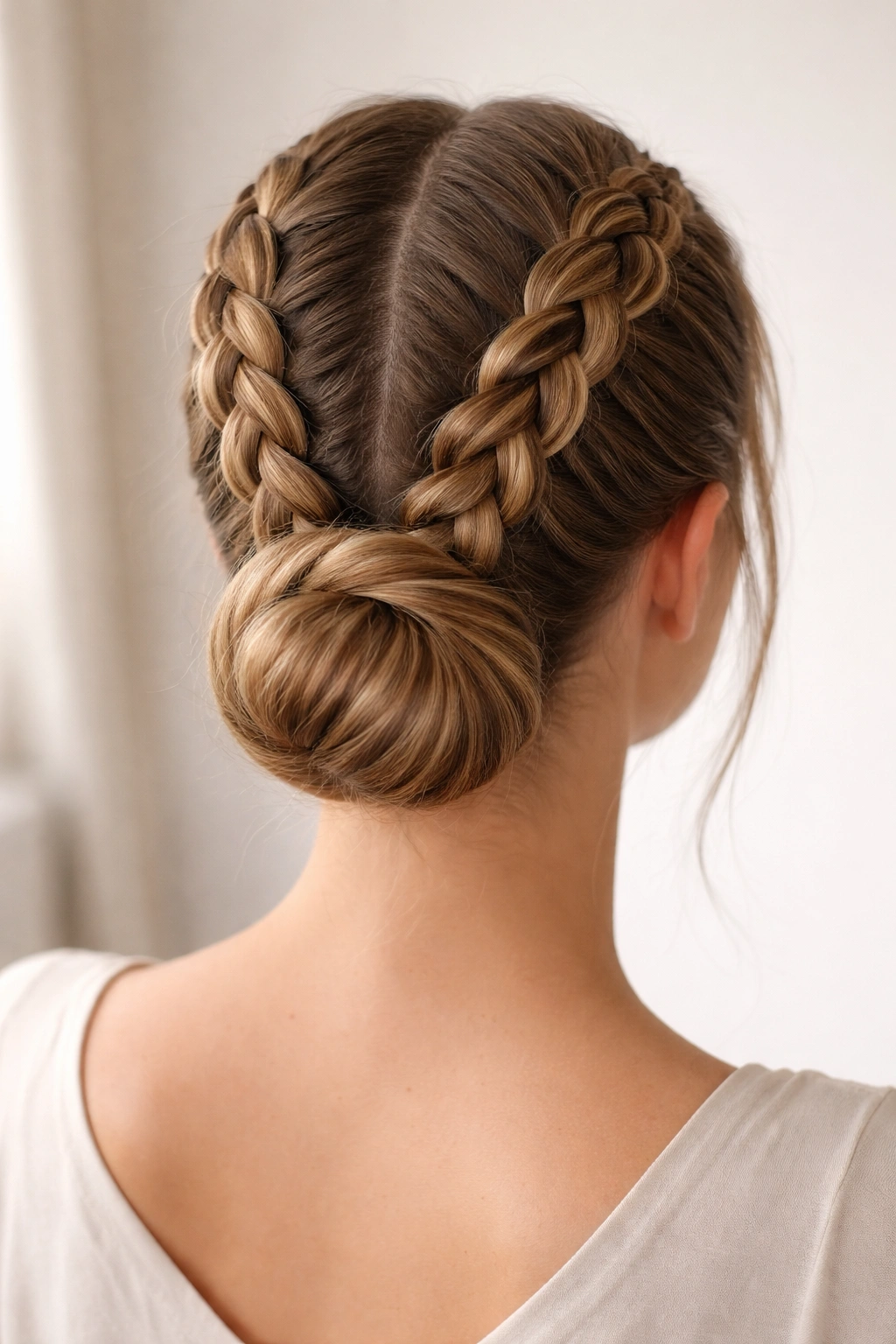 Back view of Double Braid with Bun Extension showing two braids wrapped into a neat bun