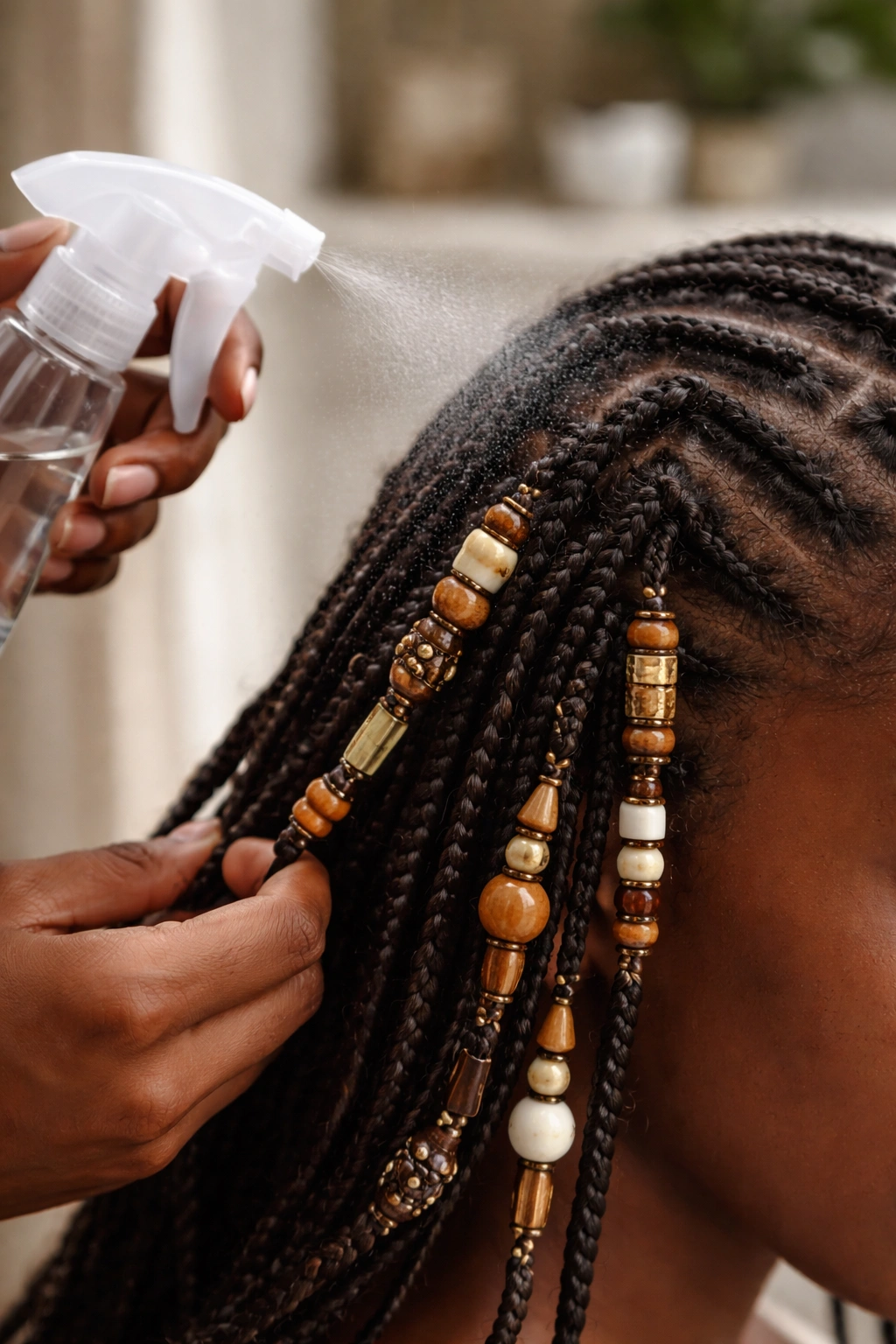 Beaded Fulani braids being misted for maintenance