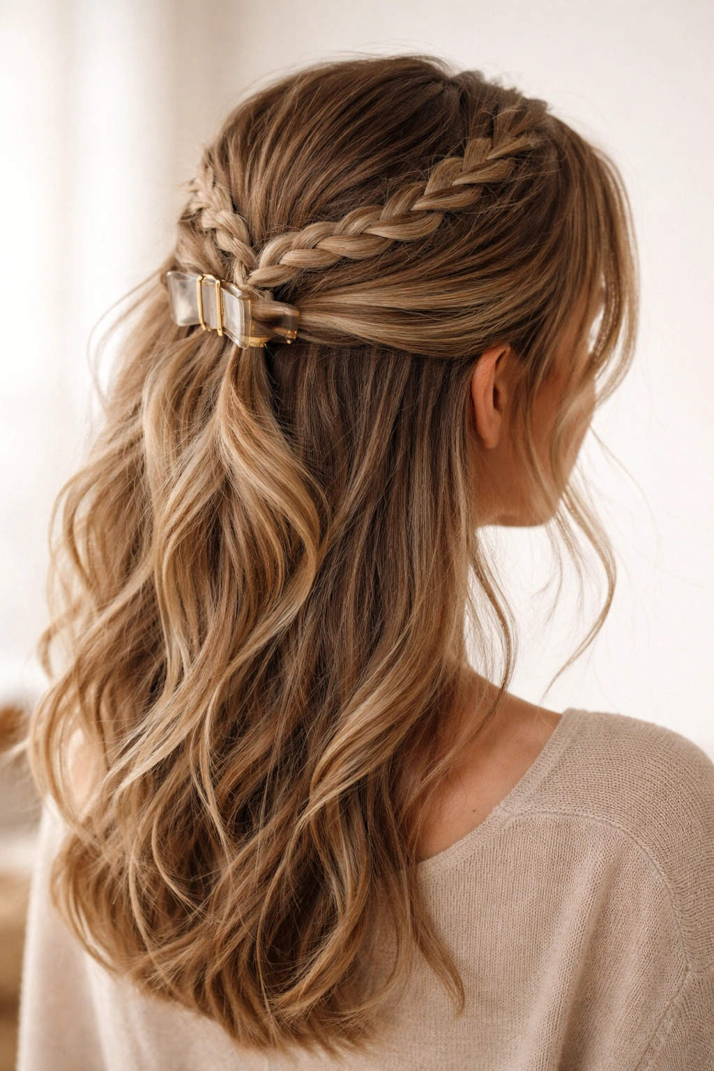 Braided crown woven along the head, clipped at the back in a half-up style