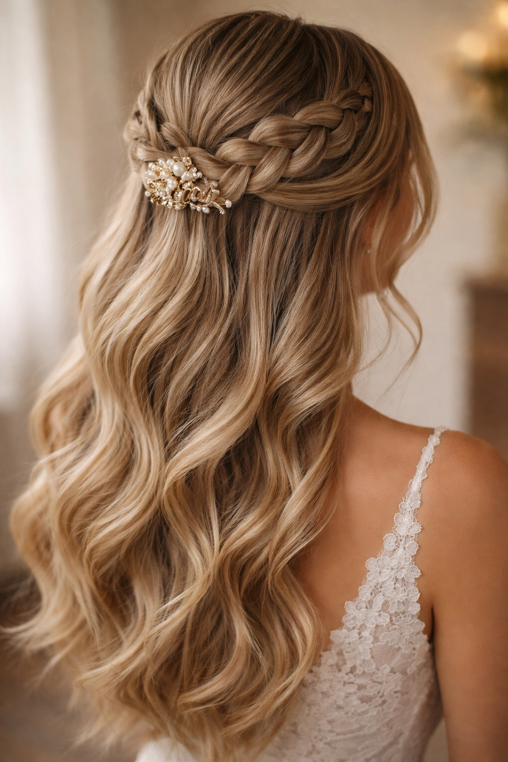 Crown braid clipped at the crown with a claw clip, hair flowing freely