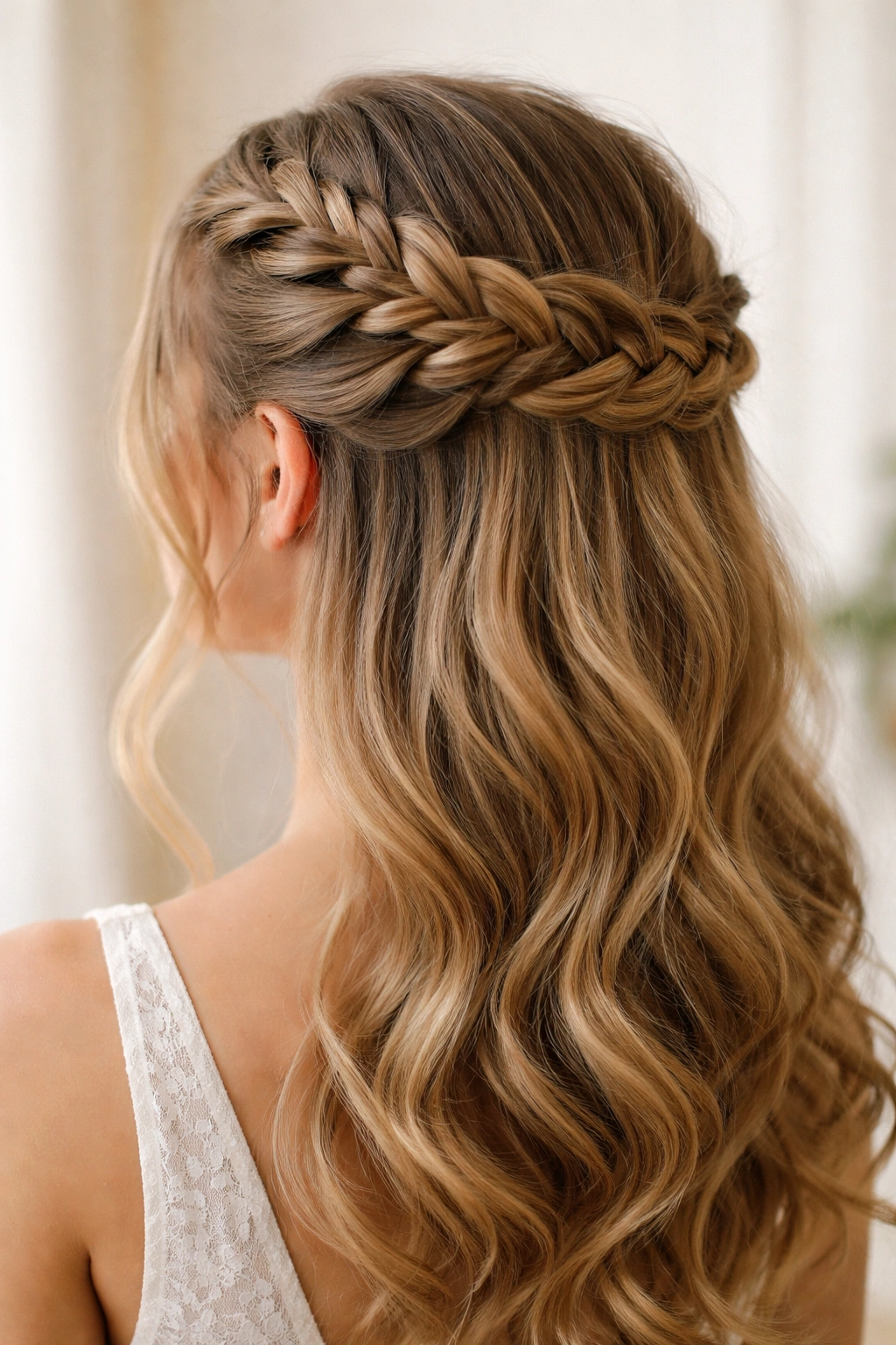 French braid crown across the crown with added fullness